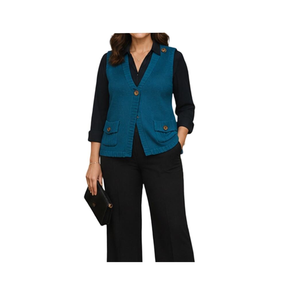 Susan Graver Sweater Vest Womens Size XL Turquoise Blue Sleeveless Button Y2K